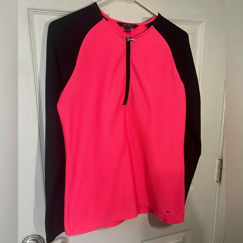 Lauren Ralph Lauren neon pink black waffle-knit 1/4-zip athletic top Size Large - Picture 2 of 12